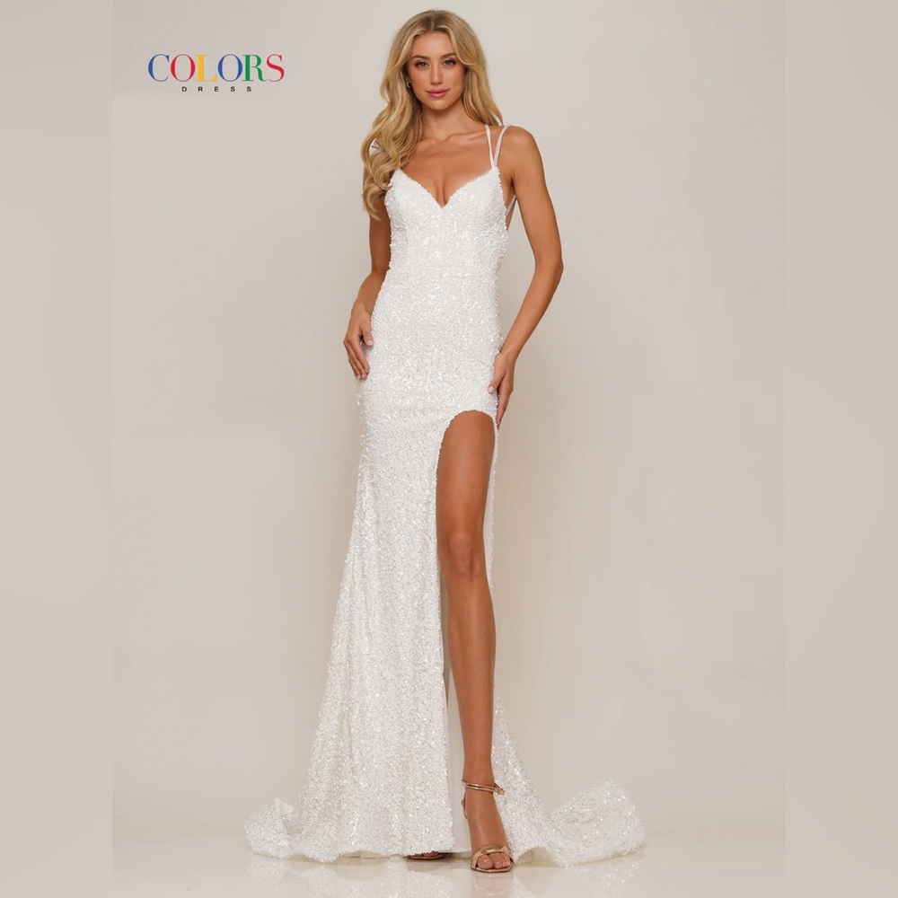 Colors Dress White Sequin Backless Slit Prom Gown Bridal Size 2 NWT Pageant GALA